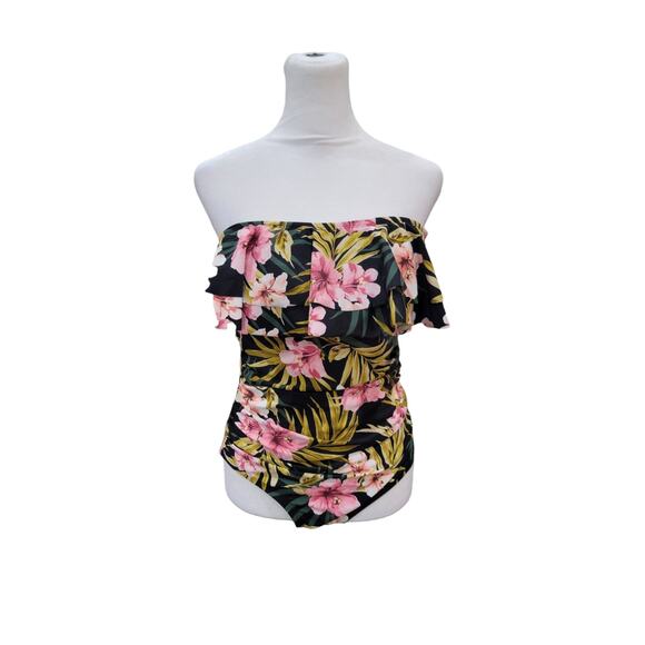 NWT‎ Kona Sol Strapless Double Flounce Floral Print High Coverage Swimsuit - Picture 1 of 12